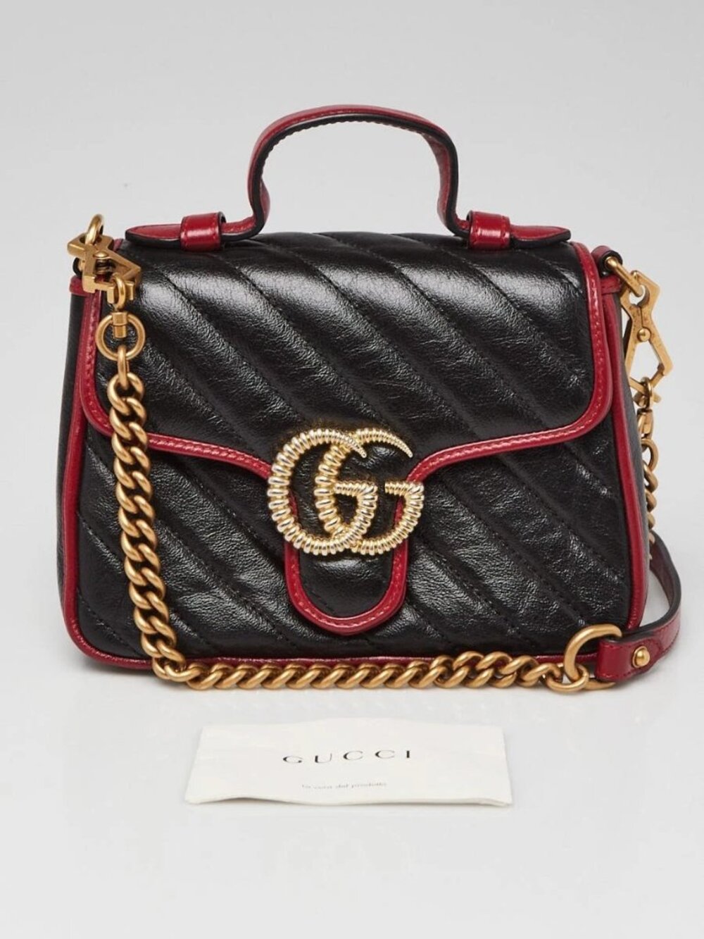 Gucci Black/Red Quilted Leather Marmont Mini Torchon Top Handle Crossbody Bag - Picture 2 of 13